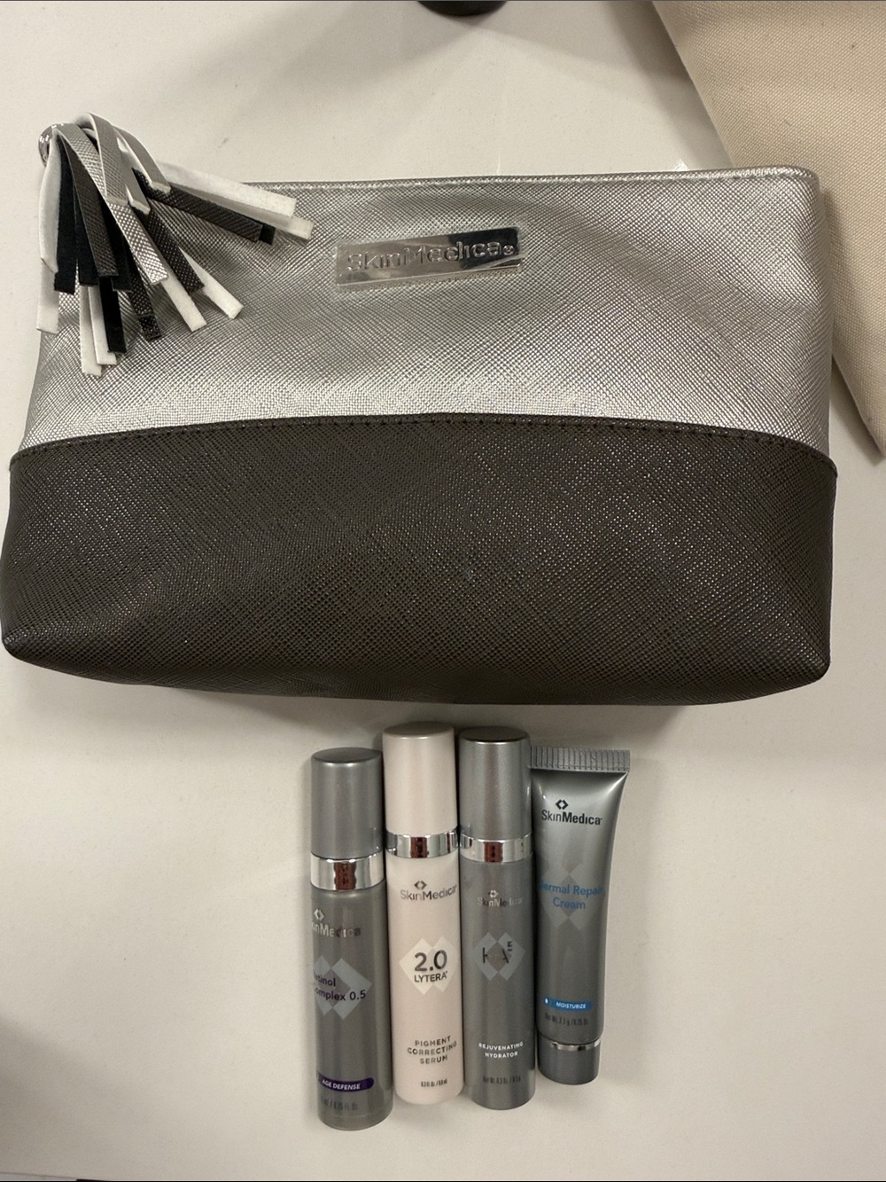 SkinMedica Silver and Dark Gray Cosmetic Pouch with Four Travel Serums